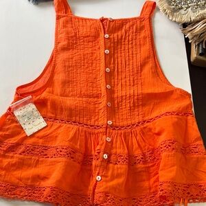 Free People Vibrant Orange Lace Trim Blouse